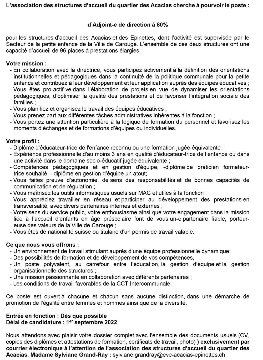 Poste à pourvoir le poste : Adjoint-e de direction à 80%